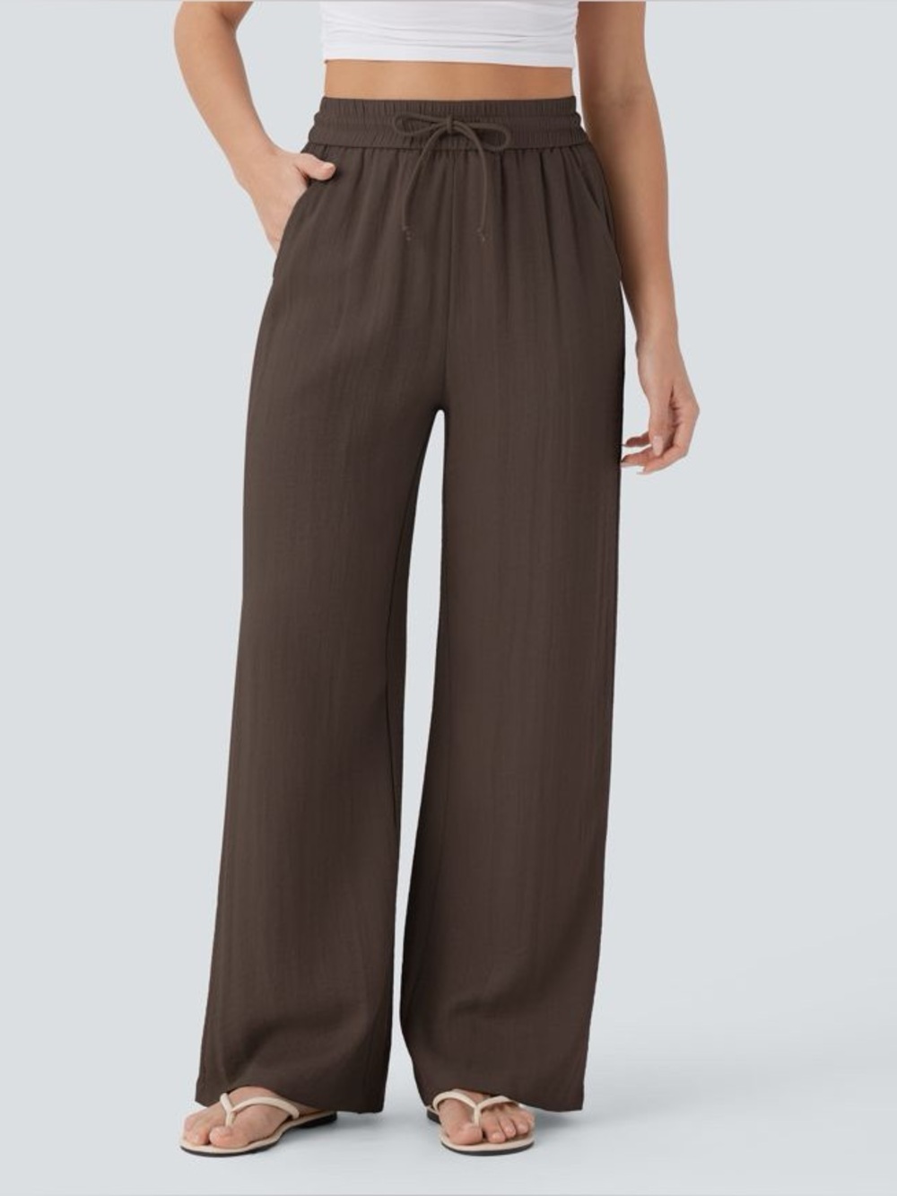 Halara High Waisted Drawstring Pocket Wide Leg Baggy Casual Linen-Feel Pants